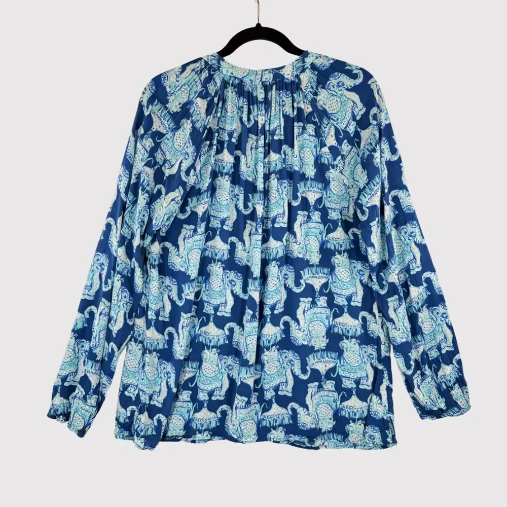 Lilly Pulitzer Womens Top Blue Martinique Elephant V Neck Blouse Casual Medium - Picture 3 of 13